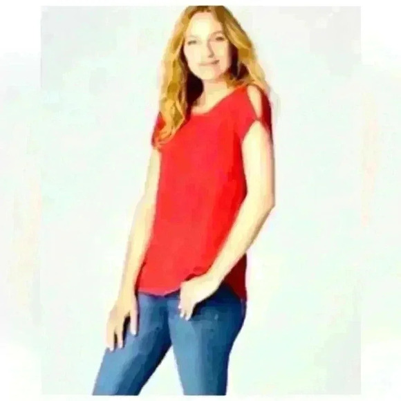 J Jill Love Linen Red Cold Shoulder Knot Tie Short Sleeve Top Size M Casual Work - Picture 1 of 11